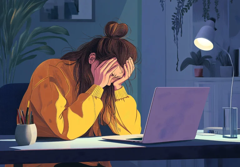 직장인 손해 보는 패턴을 보여주는 장면, 혼자 야근하며 쌓인 업무를 처리하는 직장인의 모습
